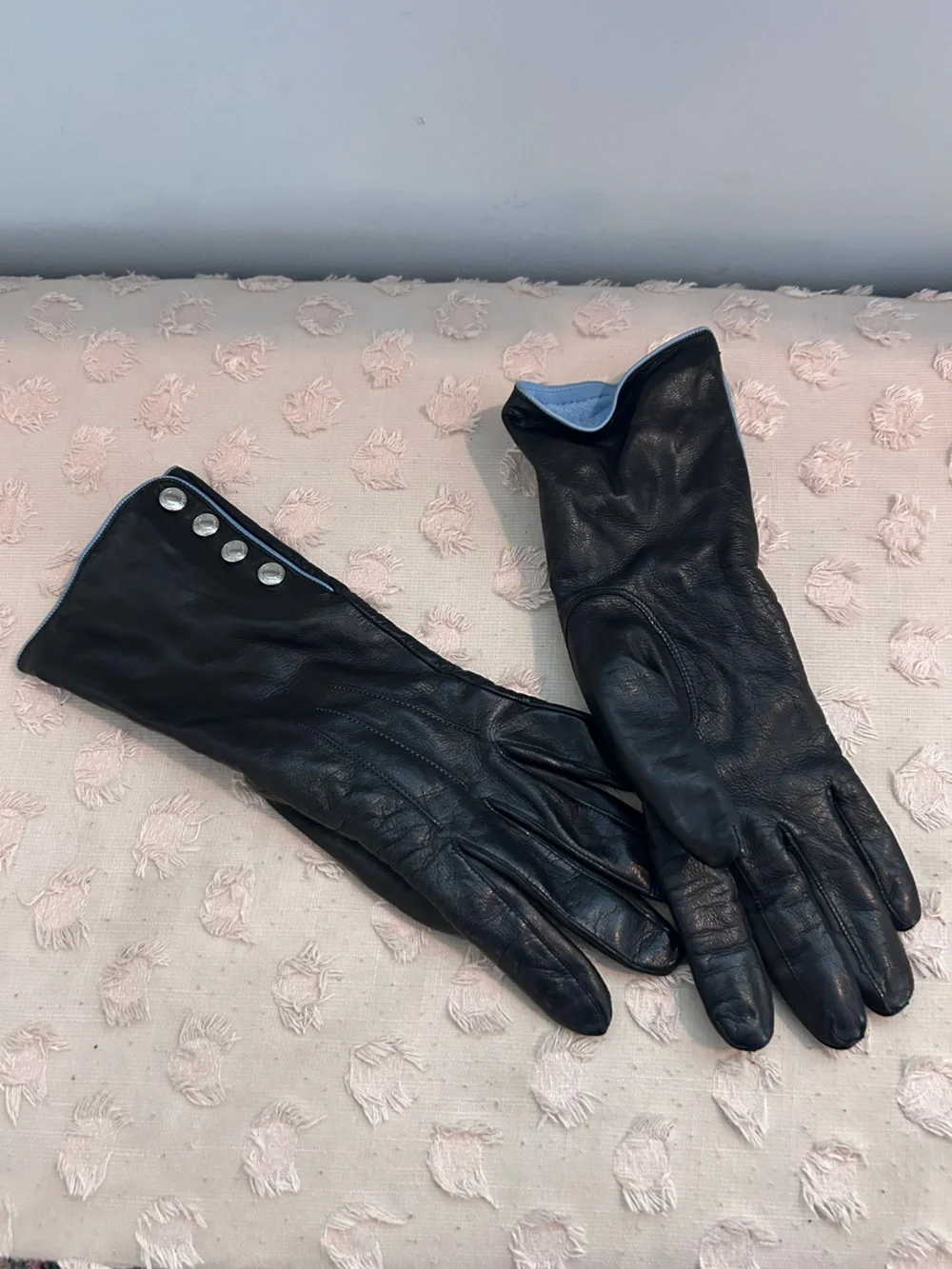 Coach Black Leather Long Gloves with Button Detail
